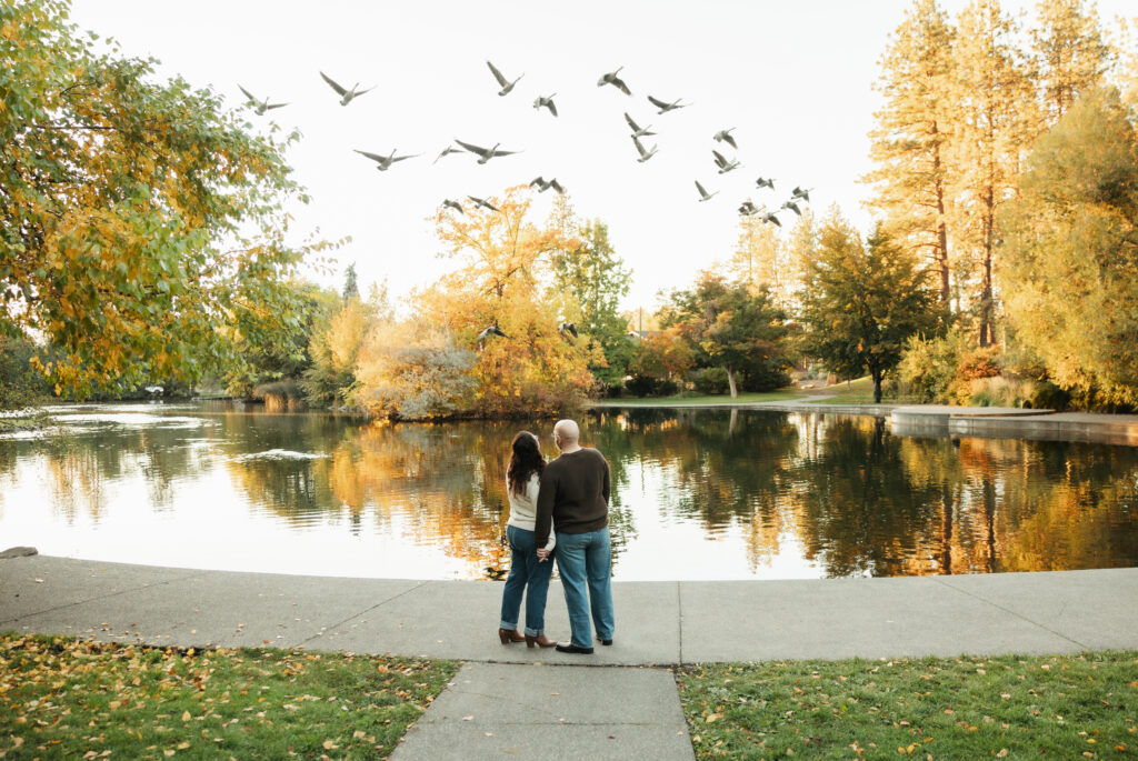 A warm and peaceful Manito Park engagement session in Spokane, WA. Natural engagement photos captured one month before the wedding.